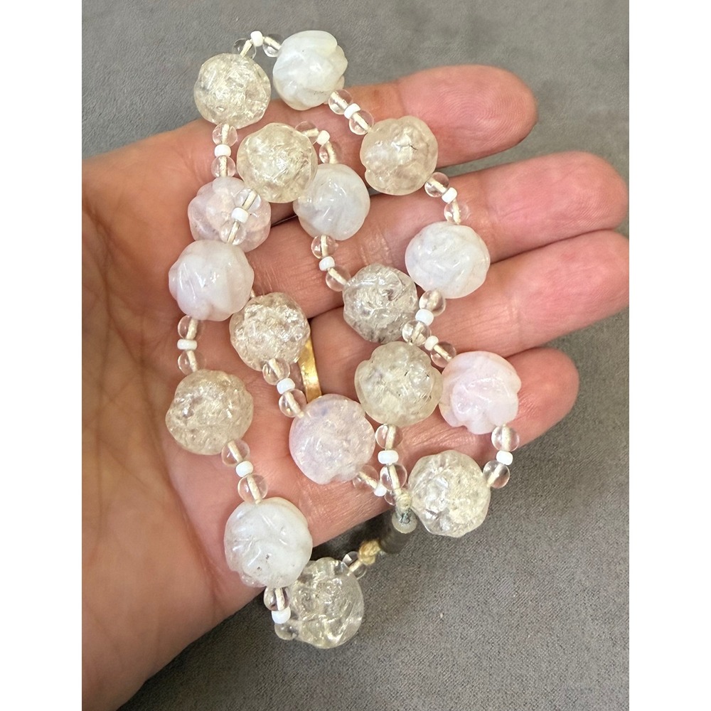 Vintage Carved Rose Quartz and Clear Quartz Floral Bead Necklace 17 Inch Barrel